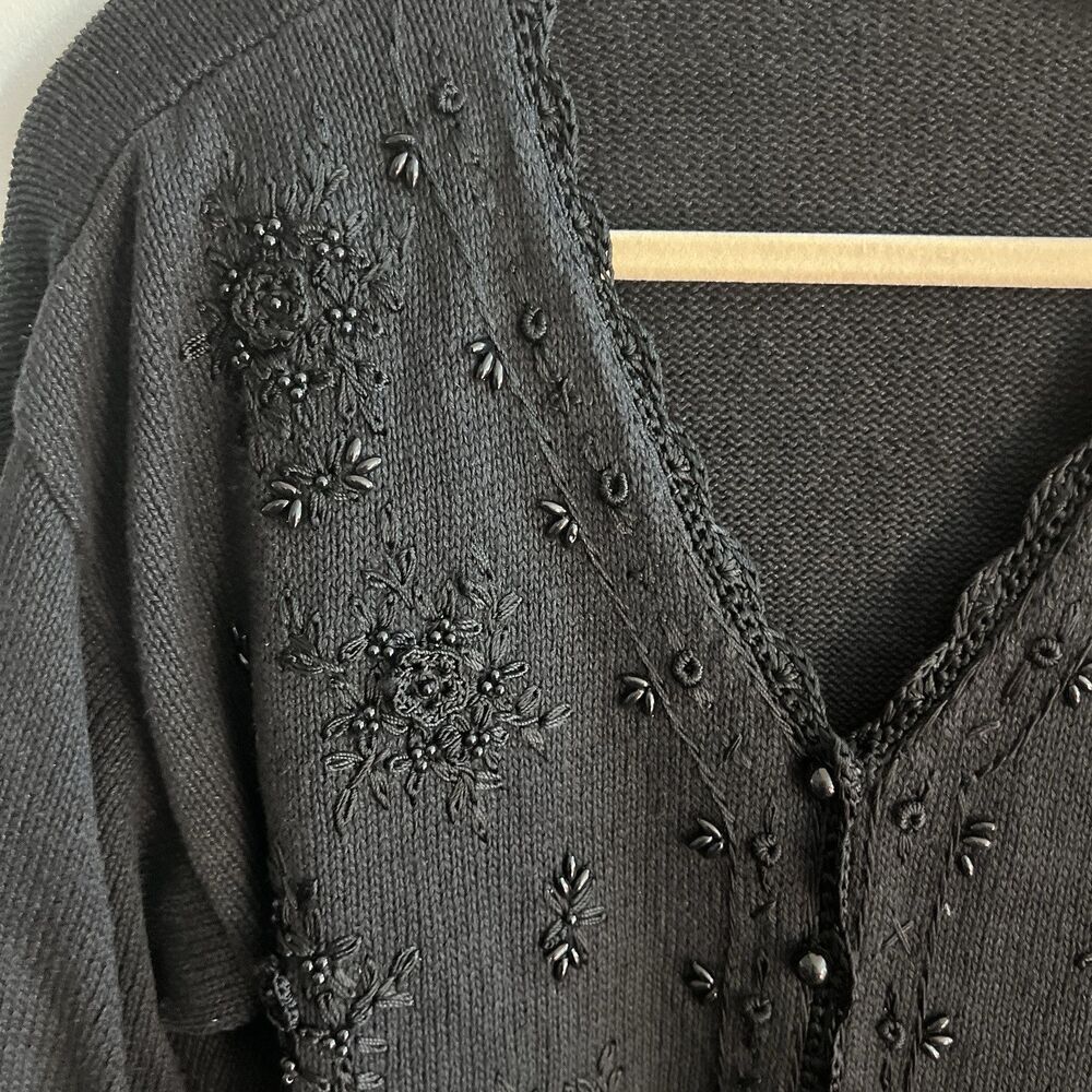 Vtg Black Knit Sweater Grandma Beaded Embroidery Flowers XL Grandma Yarnworks - Picture 9 of 12